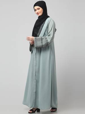 sleeves and hijab flowers and lines embroidry front open abaya 5