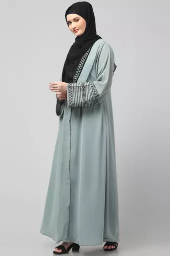 sleeves and hijab flowers and lines embroidry front open abaya