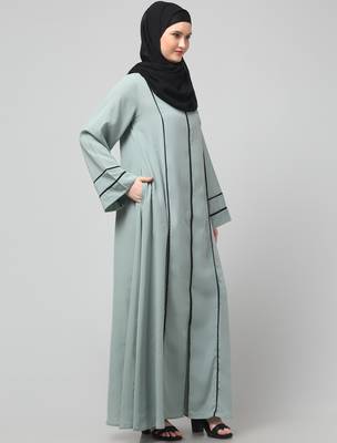 front open with zip contrast piping at front and sleeves matt nida abaya with hijab 4