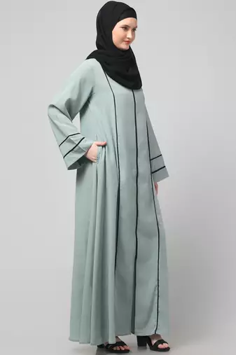 front open with zip contrast piping at front and sleeves matt nida abaya with hijab