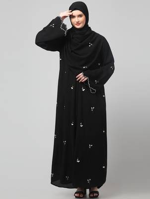 all over and hijab small flower embroidery front open abaya 3