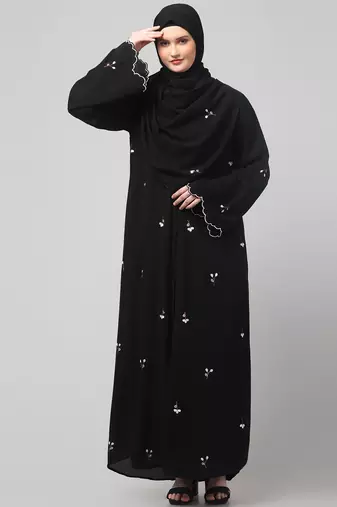 all over and hijab small flower embroidery front open abaya
