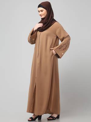 embroidery at sleeve 2 side pocket front open abaya 5