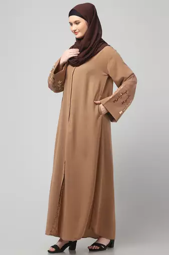 embroidery at sleeve 2 side pocket front open abaya