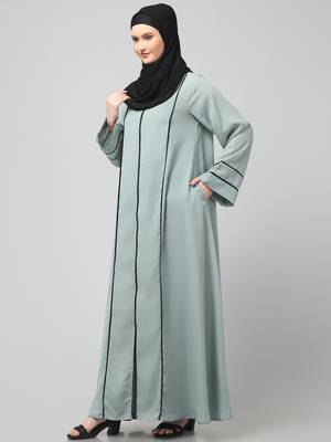 front open with zip contrast piping at front and sleeves matt nida abaya with hijab 5