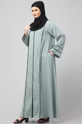 front open with zip contrast piping at front and sleeves matt nida abaya with hijab