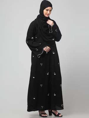 all over and hijab small flower embroidery front open abaya 4