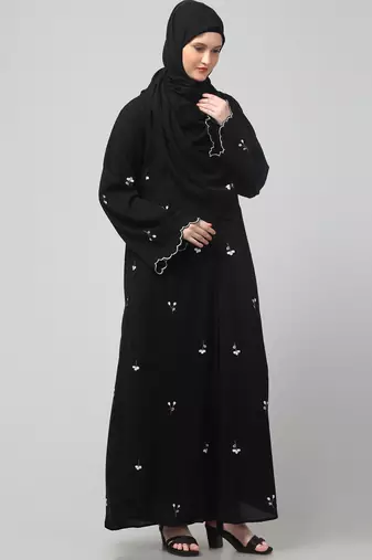 all over and hijab small flower embroidery front open abaya