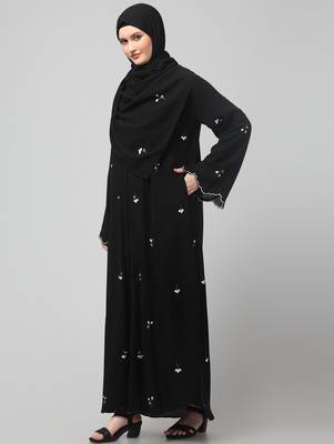 all over and hijab small flower embroidery front open abaya 5