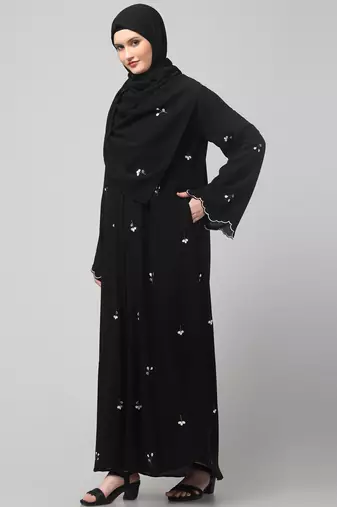 all over and hijab small flower embroidery front open abaya