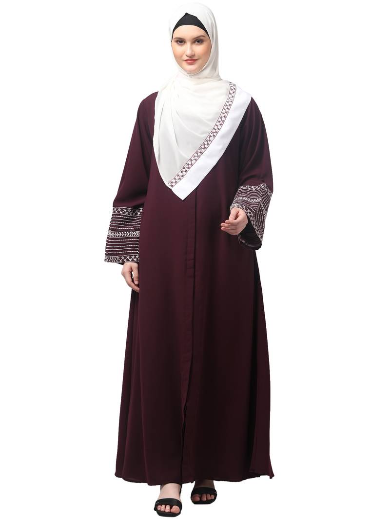 sleeves and hijab flowers and lines embroidry front open abaya