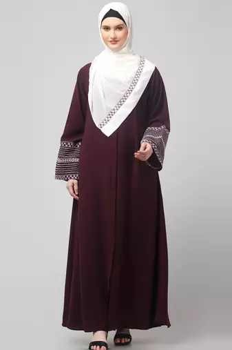 sleeves and hijab flowers and lines embroidry front open abaya