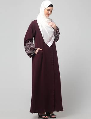 sleeves and hijab flowers and lines embroidry front open abaya 4