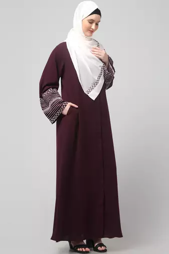 sleeves and hijab flowers and lines embroidry front open abaya