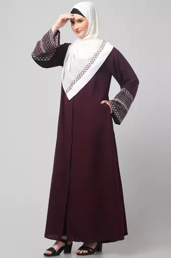 sleeves and hijab flowers and lines embroidry front open abaya