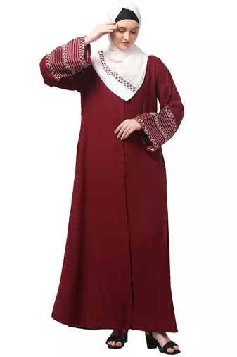 sleeves and hijab flowers and lines embroidry front open abaya