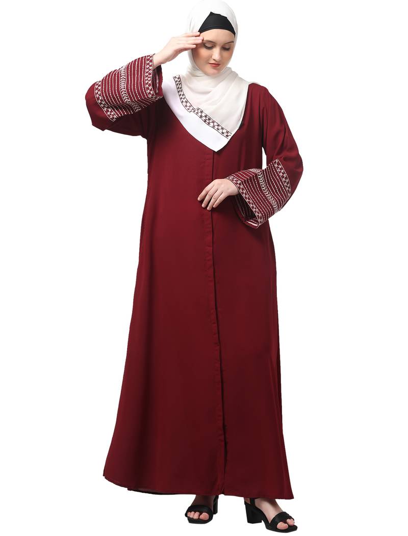 sleeves and hijab flowers and lines embroidry front open abaya