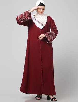 sleeves and hijab flowers and lines embroidry front open abaya 3