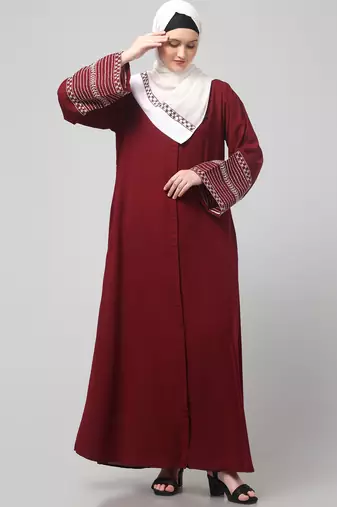 sleeves and hijab flowers and lines embroidry front open abaya