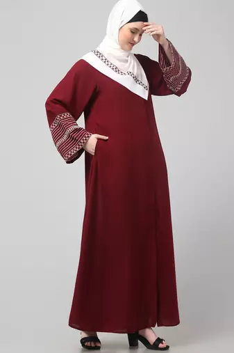sleeves and hijab flowers and lines embroidry front open abaya