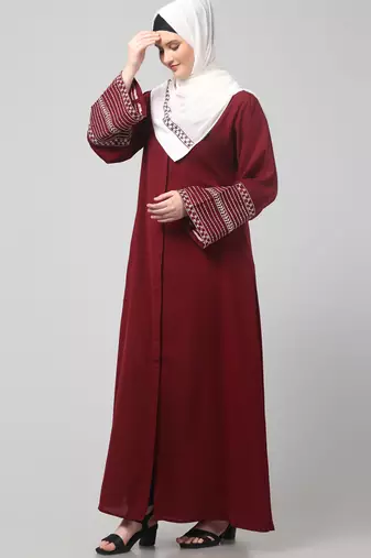 sleeves and hijab flowers and lines embroidry front open abaya