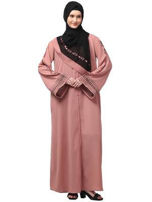 sleeve and contrast hijab embroidered front open abaya 1