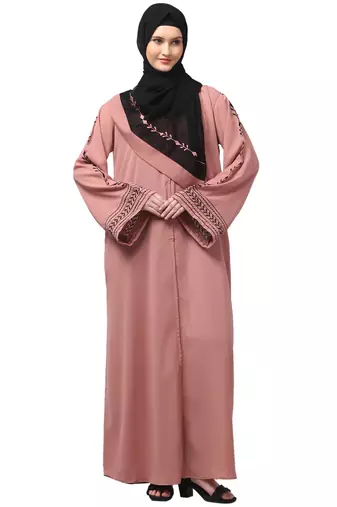 sleeve and contrast hijab embroidered front open abaya
