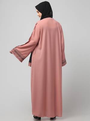 sleeve and contrast hijab embroidered front open abaya 2