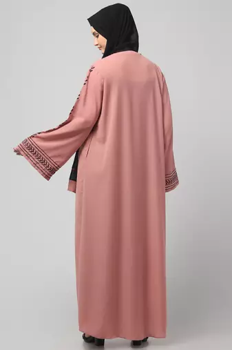sleeve and contrast hijab embroidered front open abaya