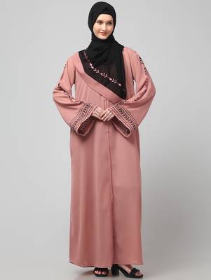 sleeve and contrast hijab embroidered front open abaya 3
