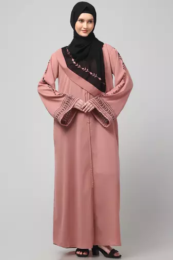sleeve and contrast hijab embroidered front open abaya