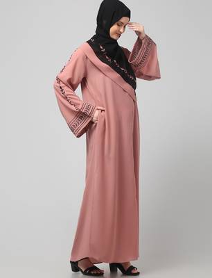 sleeve and contrast hijab embroidered front open abaya 4