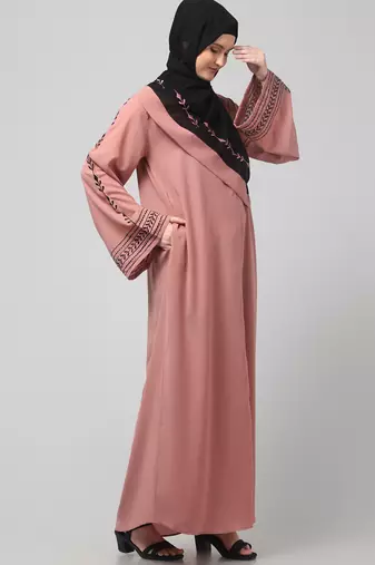 sleeve and contrast hijab embroidered front open abaya
