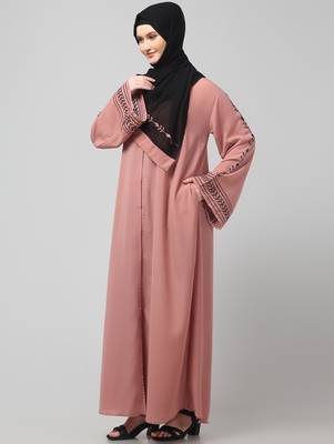 sleeve and contrast hijab embroidered front open abaya 5