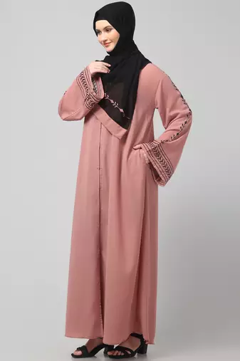 sleeve and contrast hijab embroidered front open abaya