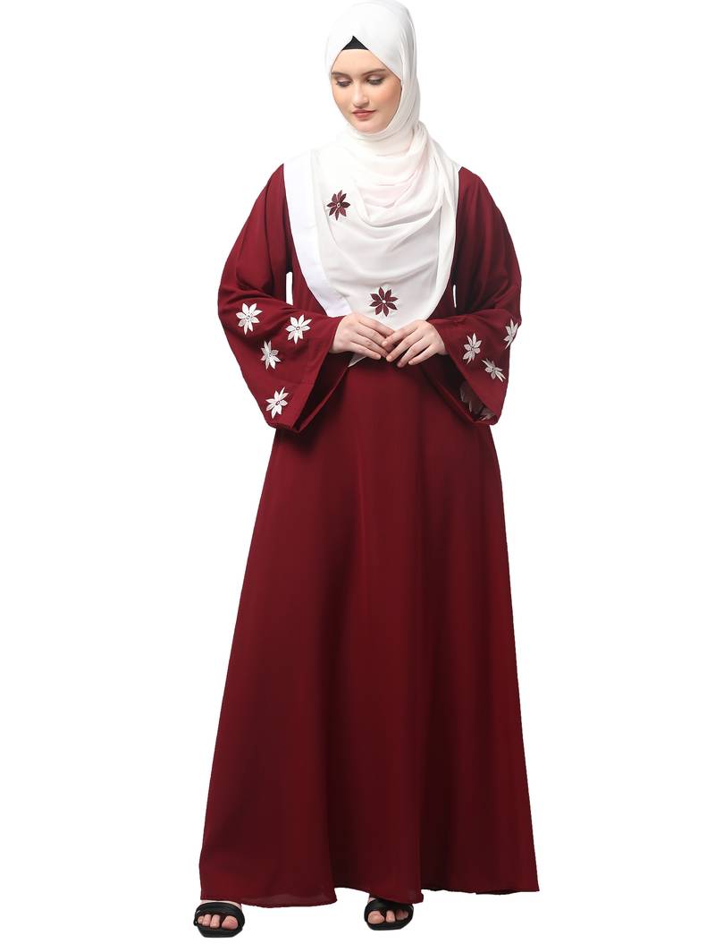 flowers embboidery at sleeve and hijab a line flare at bottom abaya with hijab