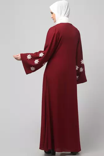 flowers embboidery at sleeve and hijab a line flare at bottom abaya with hijab