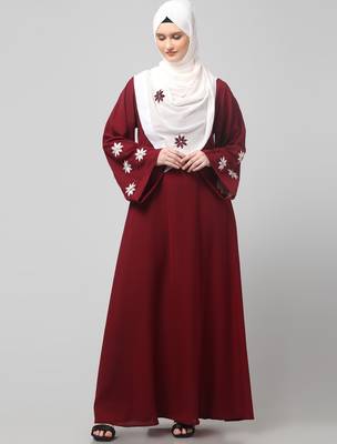flowers embboidery at sleeve and hijab a line flare at bottom abaya with hijab 3