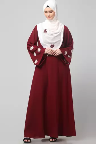flowers embboidery at sleeve and hijab a line flare at bottom abaya with hijab