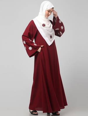 flowers embboidery at sleeve and hijab a line flare at bottom abaya with hijab 4