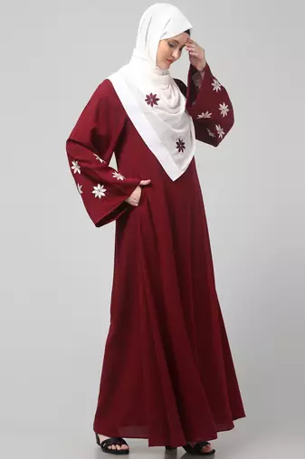 flowers embboidery at sleeve and hijab a line flare at bottom abaya with hijab