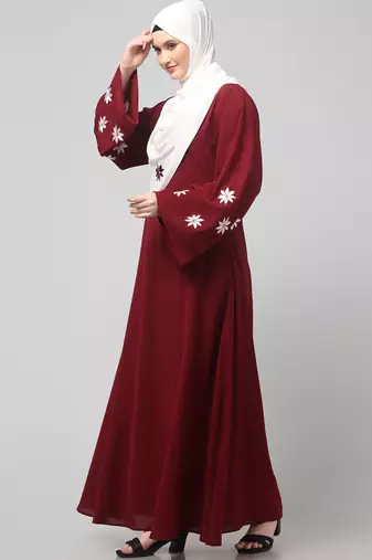 flowers embboidery at sleeve and hijab a line flare at bottom abaya with hijab