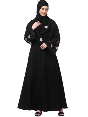 flowers embboidery at sleeve and hijab a line flare at bottom abaya with hijab 1