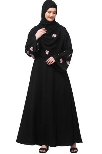 flowers embboidery at sleeve and hijab a line flare at bottom abaya with hijab