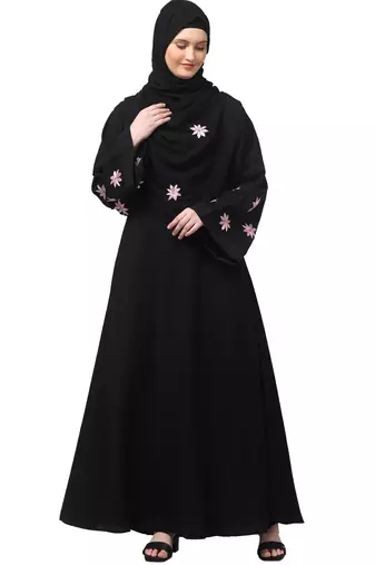 flowers embboidery at sleeve and hijab a line flare at bottom abaya with hijab