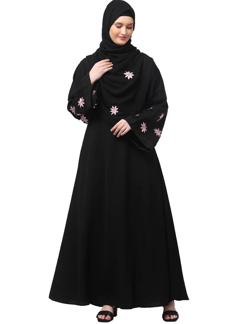 flowers embboidery at sleeve and hijab a line flare at bottom abaya with hijab
