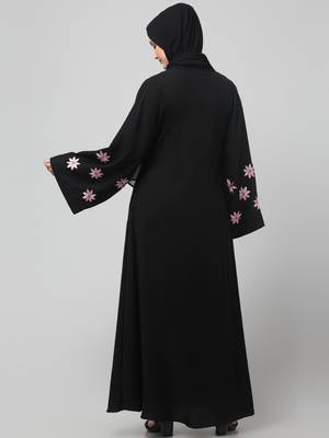 flowers embboidery at sleeve and hijab a line flare at bottom abaya with hijab 2