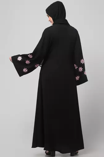 flowers embboidery at sleeve and hijab a line flare at bottom abaya with hijab