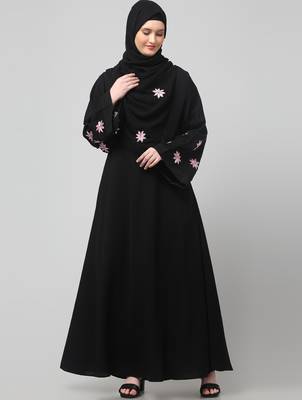 flowers embboidery at sleeve and hijab a line flare at bottom abaya with hijab 3