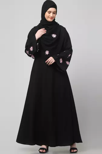 flowers embboidery at sleeve and hijab a line flare at bottom abaya with hijab